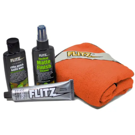 Flitz Gun and Knife Care Kit. Praktická sada chrání, čistí a leští střelné zbraně a čepele. Obsahuje leštidlo, čistič matných povrchů, vosk a utěrku z mikrovlákna.